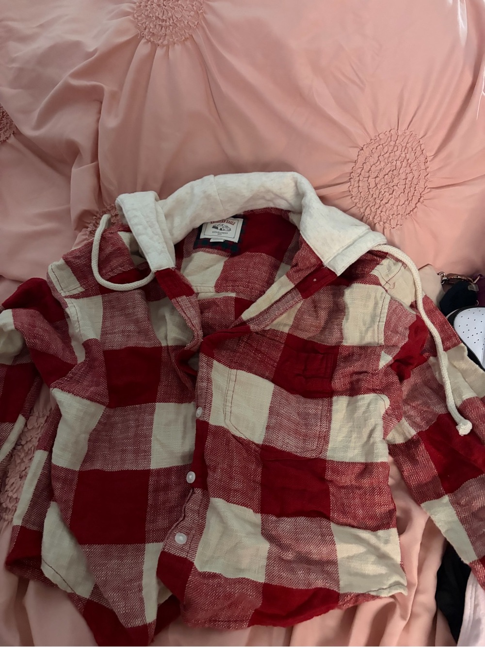 American Eagle Outfitters Red & Cream Buffalo Plaid Hooded Button-Down Shirt
